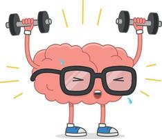 Brain training vector illustration. Cartoon brain with glasses lifting weights, isolated on white background