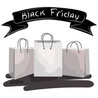 concepto de viernes negro. bolsas de papel con cinta de pancarta e inscripción, diseño para la promoción del viernes negro. tres bolsas de compras ilustración vectorial sobre un fondo blanco vector