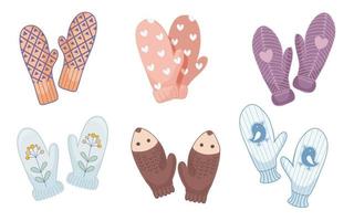 Cozy, cute mittens in the form of animals, with embroidery, ornaments vector