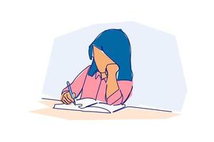 A young female student doing homework. Simple flat colour design Continuous one line drawing for education or business concept vector