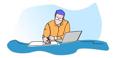 Man working in front of laptop computer Simple line drawing. Continuous one line drawing vector illustration