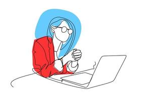 A businesswoman looks at the data displayed on a laptop computer for work. Continuous one line drawing simple flat color hand drawn sketch style design for business or education vector