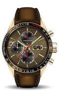 Realistic gold clock watch chronograph brown leather strap red arrow for men luxury on isolated background vector