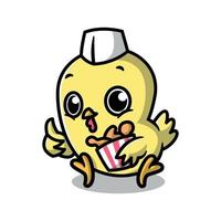 A CUTE CHICKEN IS BRINGING A BUCKET OF FRIED CHICKEN. CARTOON MASCOT DESIGN. vector