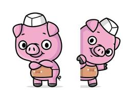 CUTE PIG IS WEARING BUTCHER HAT AND APRON CARTOON MASCOT DESIGN IN TWO DIFFERENT MOVES. vector