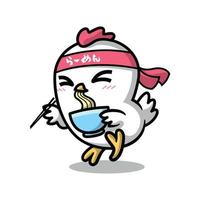 A CUTE CHICKEN IS WEARING A HEADBAND AND EATING A BOWL OF RAMEN CARTOON MASCOT. vector