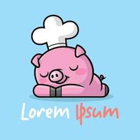 CUTE SLEEPING PIG IS WEARING CHEF HAT CARTOON MASCOT LOGO vector