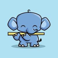 un lindo elefante toca una flauta amarilla. vector de dibujos animados de primera calidad.