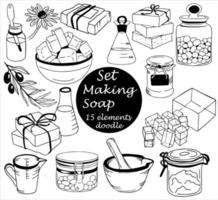 Set of 15 doodle elements, black line - jars for soap base, dyes, flowers, measuring cup, molded soap, olive decor, pipette, flask vector