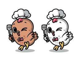 CUTE CHICKEN CHEF IS HOLDING A SPATULA IN TWO DIFFERENT COLOURS. CARTOON MASCOT DESIGN. vector