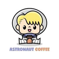 CUTE BLONDE ASTRONAUT IS BRINGING A CUP OF COFFEE. PREMIUM VECTOR