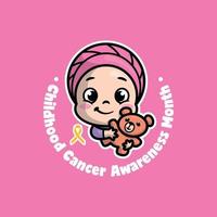 A CUTE GIRL IS HUGGING A TEDDY BEAR. CHILDHOOD CANCER AWARENESS MONTH CARTOON LOGO. vector