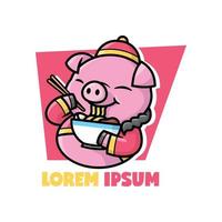 FAT PIG IN CHINESE CLOTH IS EATING NOODLE CARTOON MASCOT LOGO vector