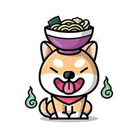 lindo perro shiba con un plato de ramen en la cabeza ilustración de dibujos animados vector