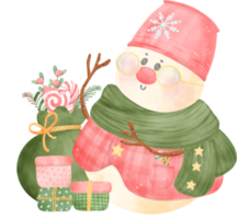 Snowman Christmas in winter scarf and hat vintage with present boxes watercolour cartoon illustration png