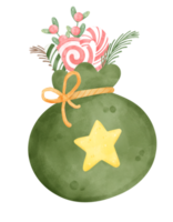aquarela de saco de papai noel de natal verde bonito com estrela e cheio de doces png