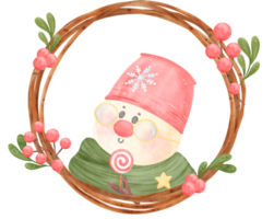 Snowman Christmas head in winter scarf and hat in wreath vintage watercolour cartoon illustration png