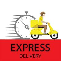 Fast delivery by scooter to mobile. Against the background of the clock. E-commerce concept. Infographics online food ordering. Website, application design. Vector