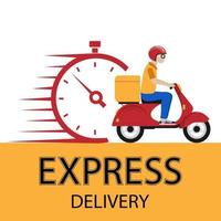 Fast delivery by scooter to mobile. Against the background of the clock. E-commerce concept. Infographics online food ordering. Website, application design. Vector