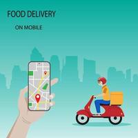 Fast delivery by scooter to mobile. With the city in the background. E-commerce concept. Infographics online food ordering. Website, application design. Vector