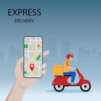 Fast delivery by scooter to mobile. With the city in the background. E-commerce concept. Infographics online food ordering. Website, application design. Vector