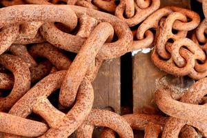 Old rusty chain on wooden background photo