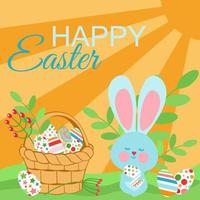 Easter card with a basket full of eggs and an Easter bunny on the background of the suns rays. Vector banner template for Easter.