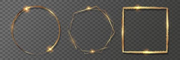 Set of golden realistic frames. Shiny geometric borders. Vector illustration.