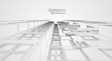 Estructura alámbrica de la arquitectura moderna. concepto de estructura metálica urbana. Ilustración de construcción de estructura alámbrica de dibujo CAD de arquitectura. vector