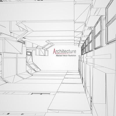 Architecture line background. Building construction sketch vector abstract. Modern city 3d project. Technology geometric grid. Wire blueprint house. Digital architect innovation wireframe.