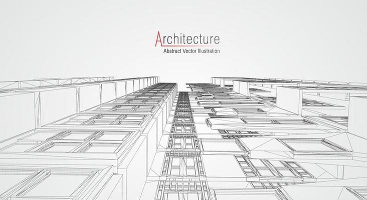 Architecture line background. Building construction sketch vector abstract. Modern city 3d project. Technology geometric grid. Wire blueprint house. Digital architect innovation wireframe.