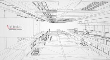 Estructura alámbrica de la arquitectura moderna. concepto de estructura metálica urbana. Ilustración de construcción de estructura alámbrica de dibujo CAD de arquitectura. vector