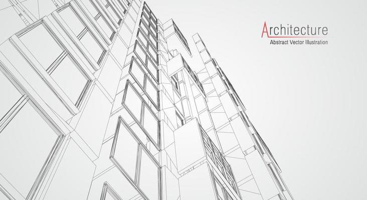 Architecture line background. Building construction sketch vector abstract. Modern city 3d project. Technology geometric grid. Wire blueprint house. Digital architect innovation wireframe.