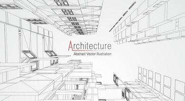 fondo de línea de arquitectura. Resumen de vector de boceto de construcción de edificios. Proyecto 3d de ciudad moderna. cuadrícula geométrica de tecnología. casa de planos de alambre. Estructura alámbrica de innovación de arquitecto digital.