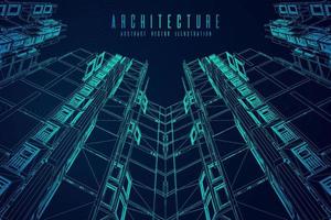 Estructura alámbrica de la arquitectura moderna. concepto de estructura metálica urbana. Ilustración de construcción de estructura alámbrica de dibujo CAD de arquitectura. vector