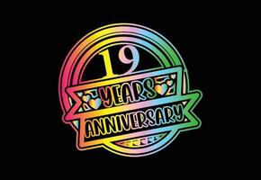 Diseño de logotipo y pegatina de aniversario de 19 años. vector