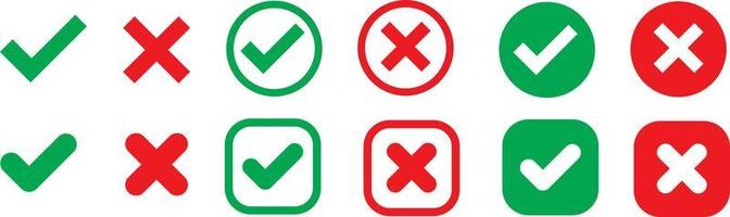 Green check mark, red cross mark icon set. Isolated tick symbols, checklist signs, approval badge. Flat and modern checkmark design vector