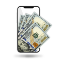 Illustration of US dollar notes inside mobile phone isolated on transparent background png