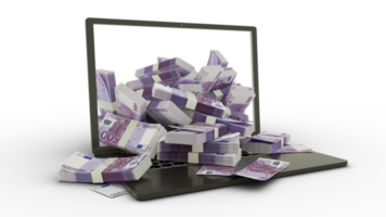 3D rendering of Euro notes coming out of a Laptop monitor isolated on transparent background. stacks of Euro notes inside a laptop. money from computer, money from laptop png