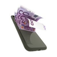 3D-Darstellung von 500-Euro-Scheinen in einem Smartphone isoliert auf transparentem Hintergrund. png