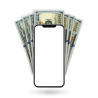 Illustration of US dollar notes behind mobile phone isolated on transparent background png