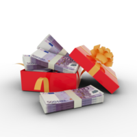 Stapel von 500-Euro-Scheinen in einer offenen roten Geschenkbox. Bündel von Euro in einer Geschenkbox. 3D-Rendering von Geld innerhalb der Box isoliert auf transparentem Hintergrund png