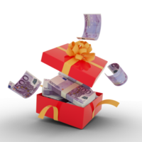 500-Euro-Scheine in einer offenen roten Geschenkbox. Euro drinnen und um eine Geschenkbox herumfliegen. 3D-Rendering von Geld innerhalb der Box isoliert auf transparentem Hintergrund png