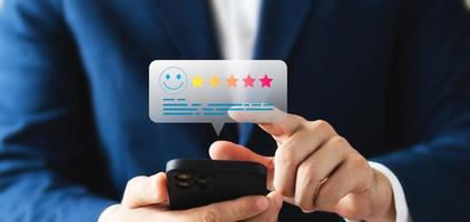 Service quality survey leading to business reputation ratings, smiley pop-up icons and five stars. Product and Service Satisfaction Survey, Customer Satisfaction Score. photo