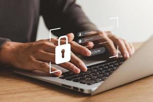 cybersecurity concept Global network security technology, business people protect personal information. Encryption with a padlock icon on the virtual interface. photo