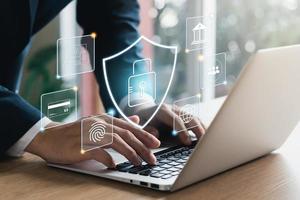 Cybersecurity business information protection technology, privacy to protect personal data, lock icon and internet network security connection technology. photo