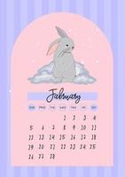 February 2023 calendar. Year of the rabbit. The symbol of the year. VNRTICAL CALENDAR WITH A BUNNY. vector