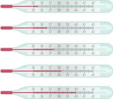 Glass mercury Thermometers with different temperature measurent on celcius scale, 36.6 degrees. Cold diagnostic, covid symptoms, flu fewer concept. Stock vector illustration isolated on white