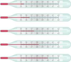 Glass mercury Thermometers with different temperature measurent on celcius scale, 36.6 degrees. Cold diagnostic, covid symptoms, flu fewer concept. Stock vector illustration isolated on white