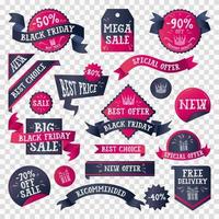 Black friday labels set. Black and red tags, ribbons, stickers, badges etc. Discoint,november sale concept. Stock vector illustration in cartoon style.